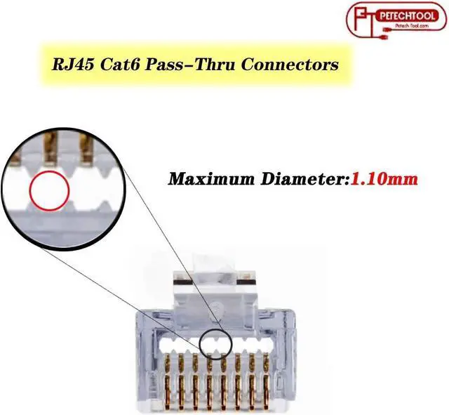 Alt view image 3 of 6 - RJ45 Cat6 Cat5e Pass Through Connectors 100 Packs Gold Plated 3 Prong 8P8C Modular Ethernet UTP Network Cable Plug for Unshielded Twisted Pair Solid Wire & Standard Cables