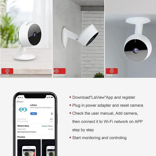 Alt view image 5 of 7 - LaView Security Cameras 4pcs, Home Security Camera Indoor 1080P, Wi-Fi Cameras Wired for Pet, Motion Detection, Two-Way Audio, Night Vision, Phone App, Works with Alexa, iOS & Android & Web Access