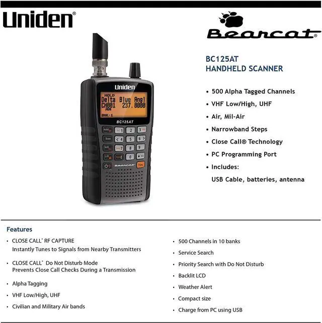 Alt view image 3 of 3 - Uniden Bearcat BC125AT Handheld Scanner, 500-Alpha-Tagged Channels, Close Call Technology, PC Programable, Aviation, Marine, Railroad, NASCAR, Racing, and Non-Digital Police/Fire/Public Safety.