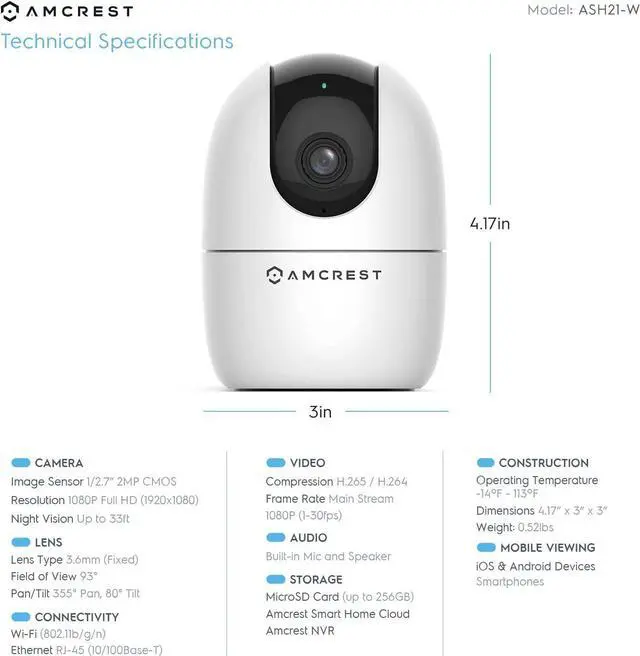 Alt view image 3 of 7 - Amcrest 1080P WiFi Camera Indoor, Nanny Cam, Dog Camera, Sound & Baby Monitor, Human & Pet Detection, Motion-Tracking, w/2-Way Audio, Phone App, Pan/Tilt Wireless IP Camera, Night Vision (Refurbished)