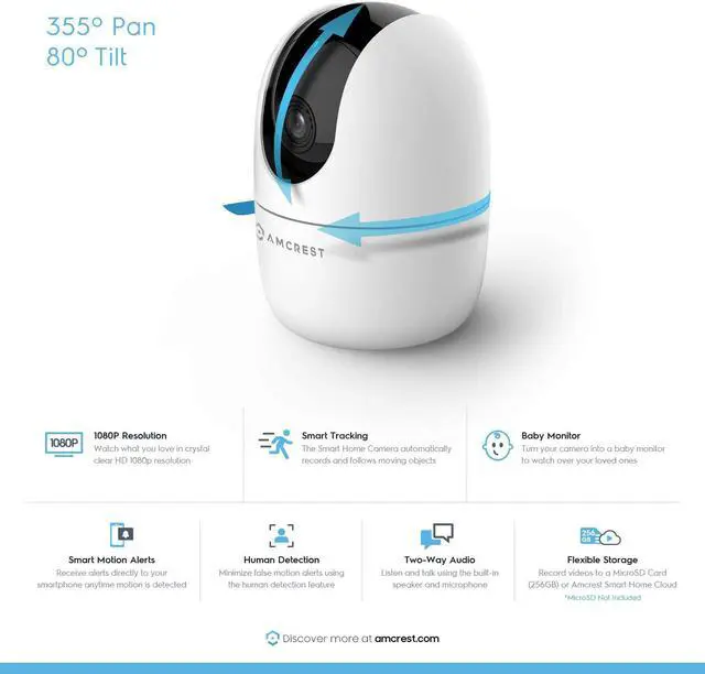Alt view image 2 of 7 - Amcrest 1080P WiFi Camera Indoor, Nanny Cam, Dog Camera, Sound & Baby Monitor, Human & Pet Detection, Motion-Tracking, w/2-Way Audio, Phone App, Pan/Tilt Wireless IP Camera, Night Vision (Refurbished)