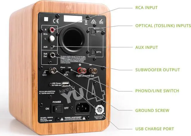 Alt view image 3 of 7 - Kanto YU4BAMBOO Powered Speakers with Bluetooth and Built-in Phono Preamp | Auto Standby and Startup | Remote Included | 140W Peak Power | Pair | Bamboo