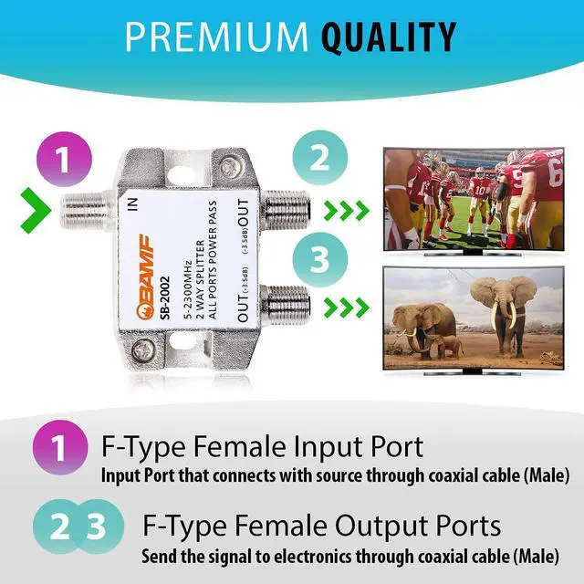 Alt view image 5 of 7 - BAMF 2 Way Coaxial Cable Splitter, Bi-Directional Coax MoCA 5-2300MHz, RG6 Compatible, Nickel Plated Cable Splitter Internet and TV Splitter, Satellite, Amplifier, Antenna, Analog/ Digital Connections