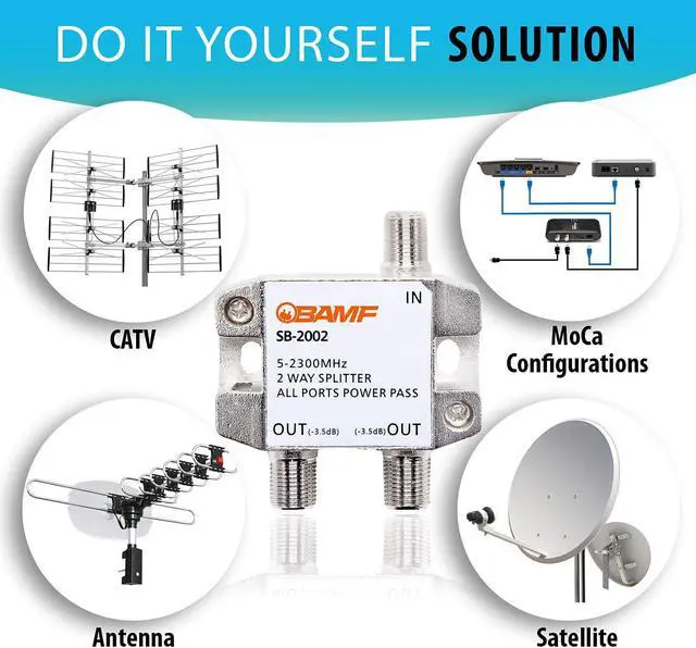 Alt view image 7 of 7 - BAMF 2 Way Coaxial Cable Splitter, Bi-Directional Coax MoCA 5-2300MHz, RG6 Compatible, Nickel Plated Cable Splitter Internet and TV Splitter, Satellite, Amplifier, Antenna, Analog/ Digital Connections