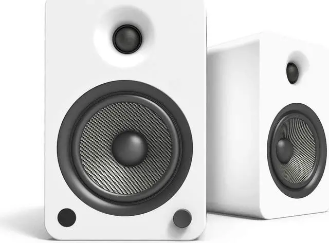 Alt view image 2 of 7 - Kanto YU6MW 200W Bookshelf Speakers with Bluetooth - Matte White (Pair) with Kanto SP26PL 26" Fixed-Height Stands for Bookshelf Speakers - Black (Pair) (2022)