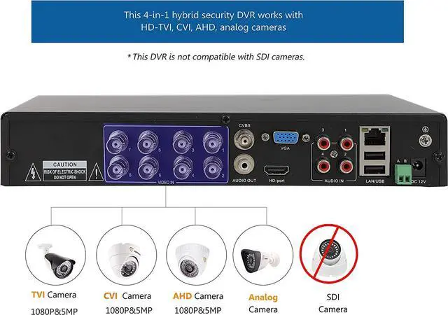 Alt view image 3 of 6 - TIGERSECU 5MP Super HD 8-Channel Hybrid 4-in-1 DVR Security Recorder with 2TB Hard Drive, for use with 5MP HD-TVI/AHD/CVI Cameras (Cameras Not Included)