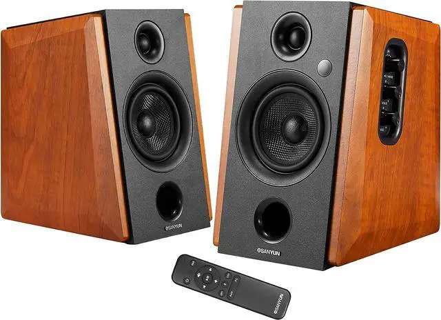 Alt view image 3 of 7 - Sanyun SW228BT 80W Active Bookshelf Speakers  4Inch Carbon Fiber Speaker Unit - Wireless Studio Monitors - Optical RCA Coaxial Bluetooth 5.0- Built-in 24bit DAC - Wooden Enclosure (Upgraded)