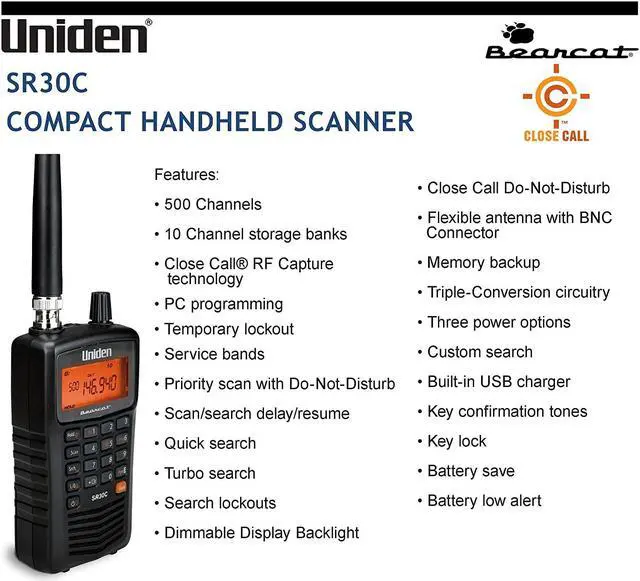 Alt view image 6 of 7 - Bearcat SR30C, 500-Channel Compact Handheld Scanner, Close Call RF Capture, Turbo Search, PC programable, NASCAR, Racing, Aviation, Marine, Railroad, and Non-Digital Police/Fire/Public Safety