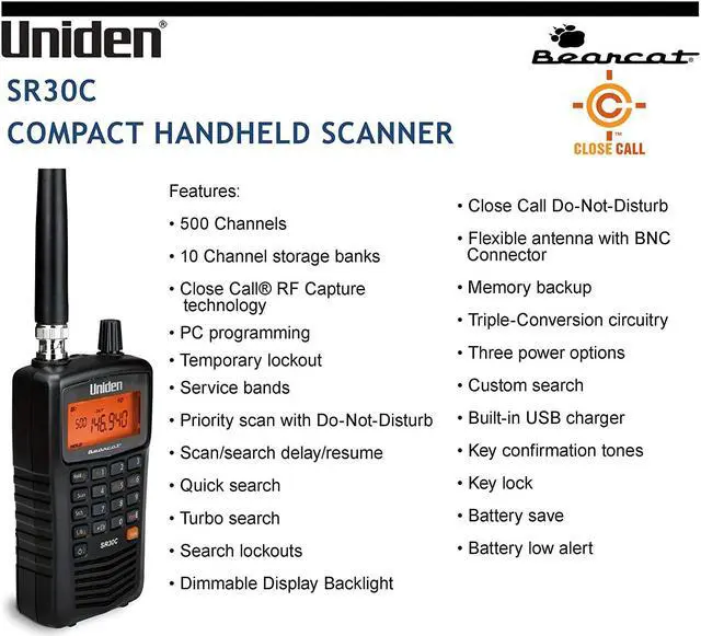 Alt view image 4 of 7 - Bearcat SR30C, 500-Channel Compact Handheld Scanner, Close Call RF Capture, Turbo Search, PC programable, NASCAR, Racing, Aviation, Marine, Railroad, and Non-Digital Police/Fire/Public Safety