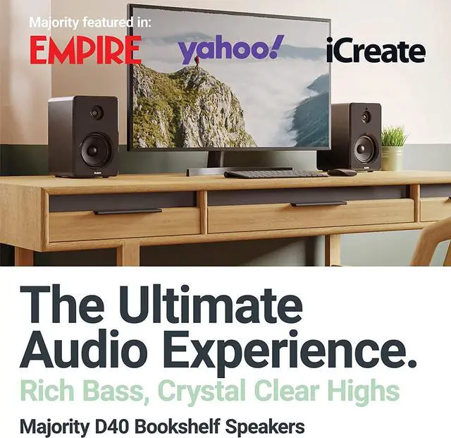 Alt view image 2 of 7 - Majority D40 Active Bookshelf Speakers | Powered Stereo Studio Speakers | Powerful Amplified 2.0 Channel Sound | Bluetooth, Optical, RCA, USB & Aux Playback | Digital Controls | HiFi Speakers