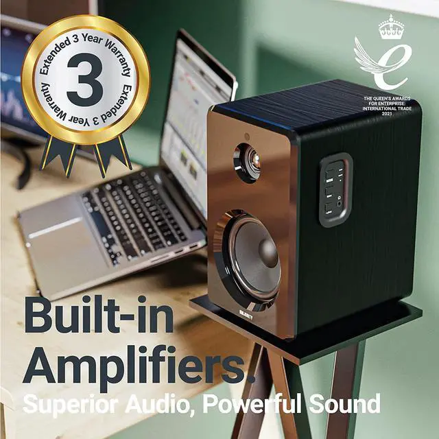 Alt view image 3 of 7 - Majority D40 Active Bookshelf Speakers | Powered Stereo Studio Speakers | Powerful Amplified 2.0 Channel Sound | Bluetooth, Optical, RCA, USB & Aux Playback | Digital Controls | HiFi Speakers