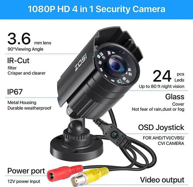 Alt view image 2 of 7 - ZOSI 2.0MP 1080P HD 1920TVL Security Camera Hybrid 4-in-1 TVI/CVI/AHD/960H CVBS CCTV Camera Outdoor Indoor,80ft IR Night Vision,Weatherproof Bullet Camera For analog Surveillance DVR(Black)