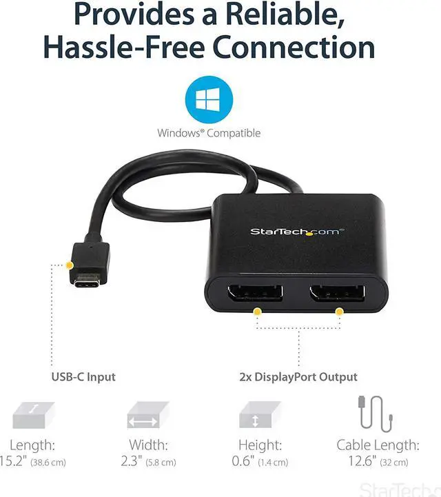 Alt view image 5 of 7 - com 2-Port Multi Monitor Adapter - USB-C to 2x DisplayPort 1.2 Video Splitter - USB Type-C to DP MST Hub - Dual 4K 30Hz or 1080p 60Hz - Thunderbolt 3 Compatible - Windows Only (MSTCDP122DP)