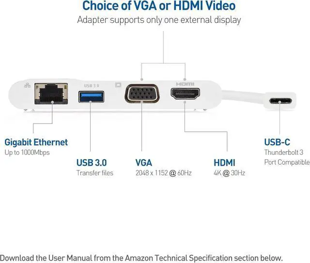 Alt view image 4 of 7 - USB C Multiport Adapter (USB C Dock with USBC to HDMI or USBC to VGA) USB3.0 and Ethernet White Thunderbolt 4 / USB4 / Thunderbolt 3 Port Compatible with MacBook Pro  XPS