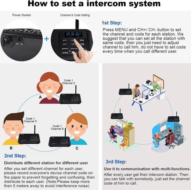 Alt view image 6 of 7 - Intercoms Wireless for Home 1 Mile Range 22 Channel 100 Digital Code Display Screen, Wireless Intercom System for Home House Business Office, Room to Room Intercom Communication(3Stations Black)