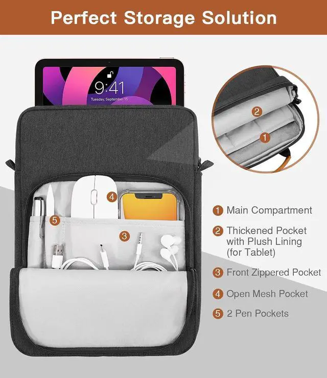 Alt view image 5 of 7 - 9-11 Inch Tablet Sleeve Bag Handle Carrying Case with Shoulder Strap Fits iPad Pro 11 inch iPad 10th 10.9 iPad 9/8/7th Generation 10.2 iPad Air 5/4th 10.9 iPad 9.7 Tab S8/S9 11 Black & Gray