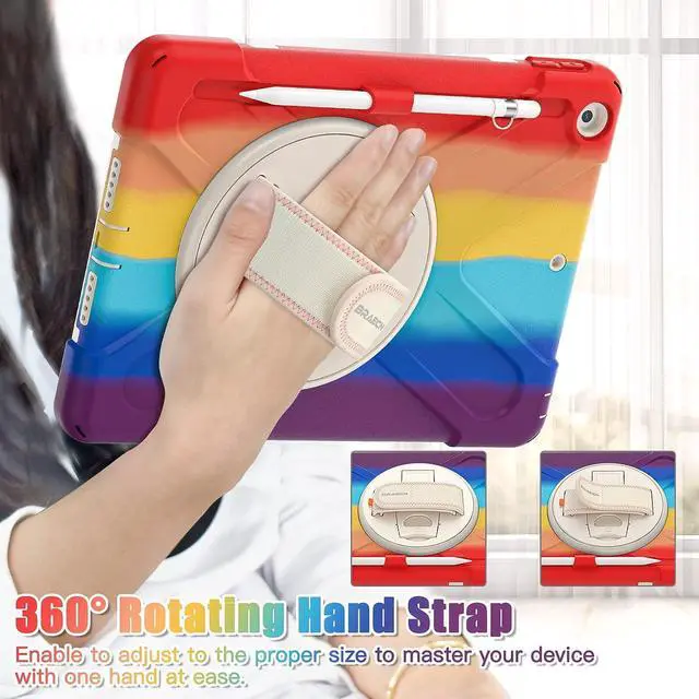 Alt view image 3 of 6 - iPad 9th/ 8th / 7th Generation Case, Heavy Duty Rugged Case with Screen Protector,Pencil Holder,Pencil Cap Holder,Hand Strap,Kickstand,Shoulder Strap for iPad 10.2\u201d 2021/2020/2019-Colorful Red