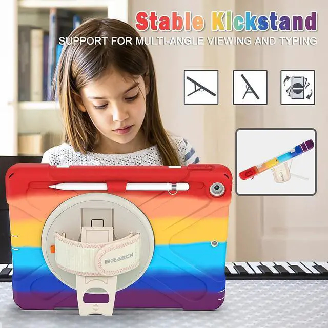 Alt view image 4 of 6 - iPad 9th/ 8th / 7th Generation Case, Heavy Duty Rugged Case with Screen Protector,Pencil Holder,Pencil Cap Holder,Hand Strap,Kickstand,Shoulder Strap for iPad 10.2\u201d 2021/2020/2019-Colorful Red
