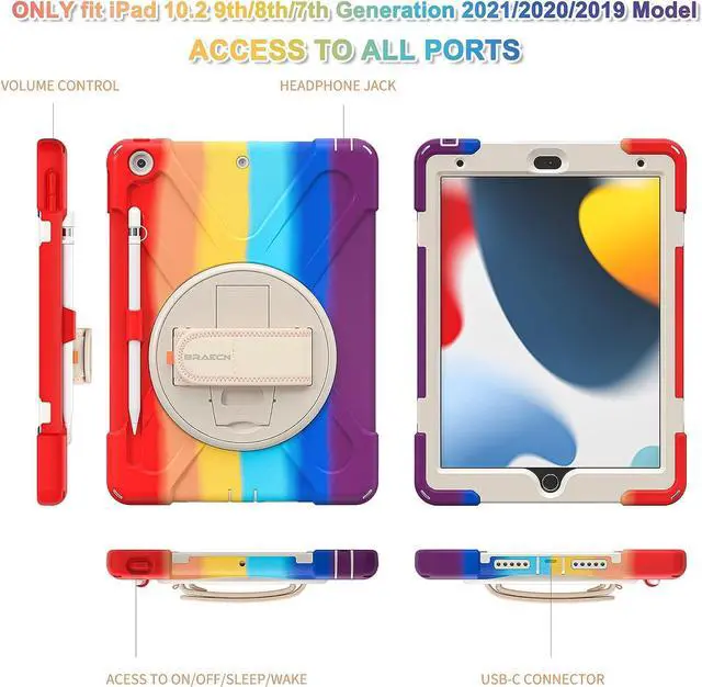 Alt view image 6 of 6 - iPad 9th/ 8th / 7th Generation Case, Heavy Duty Rugged Case with Screen Protector,Pencil Holder,Pencil Cap Holder,Hand Strap,Kickstand,Shoulder Strap for iPad 10.2\u201d 2021/2020/2019-Colorful Red