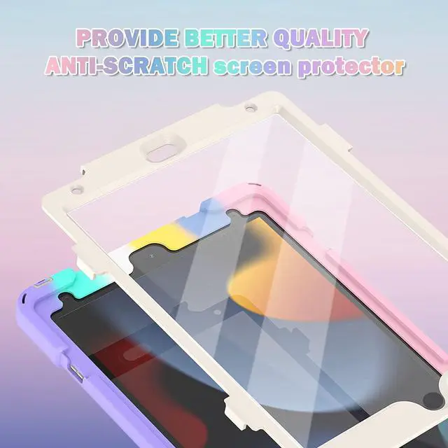 Alt view image 6 of 7 - iPad 10.2 Inch Case 2021/2020/2019, Three Layer Hybrid Kids Boys Girls Case with Shoulder Strap, Hand Strap, Stand, Screen Protector, Pencil Holder for Apple iPad 9th/8th/7th Gen -Sakura Pink