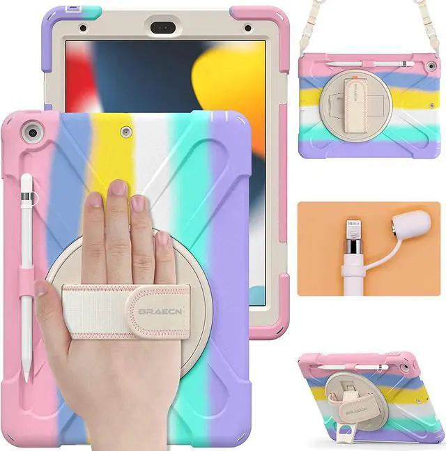 Main image of iPad 10.2 Inch Case 2021/2020/2019, Three Layer Hybrid Kids Boys Girls Case with Shoulder Strap, Hand Strap, Stand, Screen Protector, Pencil Holder for Apple iPad 9th/8th/7th Gen -Sakura Pink