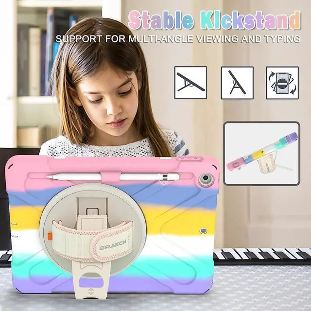 Alt view image 4 of 7 - iPad 10.2 Inch Case 2021/2020/2019, Three Layer Hybrid Kids Boys Girls Case with Shoulder Strap, Hand Strap, Stand, Screen Protector, Pencil Holder for Apple iPad 9th/8th/7th Gen -Sakura Pink