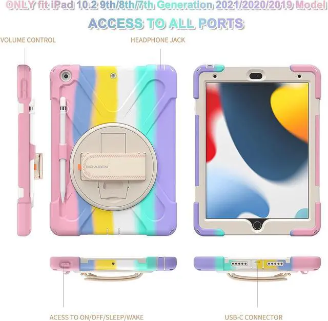 Alt view image 7 of 7 - iPad 10.2 Inch Case 2021/2020/2019, Three Layer Hybrid Kids Boys Girls Case with Shoulder Strap, Hand Strap, Stand, Screen Protector, Pencil Holder for Apple iPad 9th/8th/7th Gen -Sakura Pink