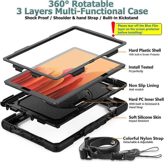 Alt view image 7 of 7 - Case for SAM-SUNG Galaxy Tab A7 10.4 2022/2020 (T503/T509/T500/T505/T507) with Screen Protector, 360 Rotating Stand & Hand Strap, Drop-Proof Case, Black