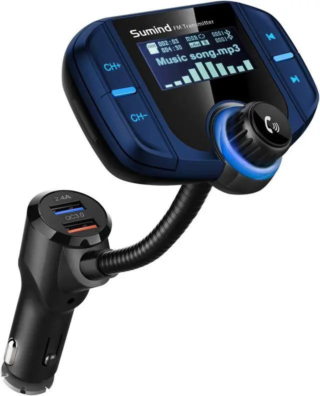 Main image of Upgraded Bluetooth FM Transmitter, Wireless Radio Adapter Hands Free Car Kit with 1.7'' Display, QC3.0 and Smart 2.4Amp Dual USB Ports, AUX Input/Output, TF Card Mp3 Player (Normal, Blue)