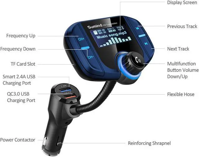 Alt view image 2 of 7 - Upgraded Bluetooth FM Transmitter, Wireless Radio Adapter Hands Free Car Kit with 1.7'' Display, QC3.0 and Smart 2.4Amp Dual USB Ports, AUX Input/Output, TF Card Mp3 Player (Normal, Blue)