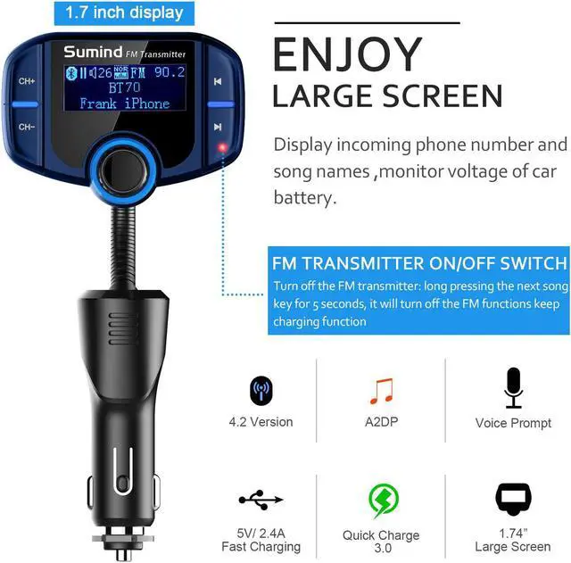 Alt view image 3 of 7 - Upgraded Bluetooth FM Transmitter, Wireless Radio Adapter Hands Free Car Kit with 1.7'' Display, QC3.0 and Smart 2.4Amp Dual USB Ports, AUX Input/Output, TF Card Mp3 Player (Normal, Blue)