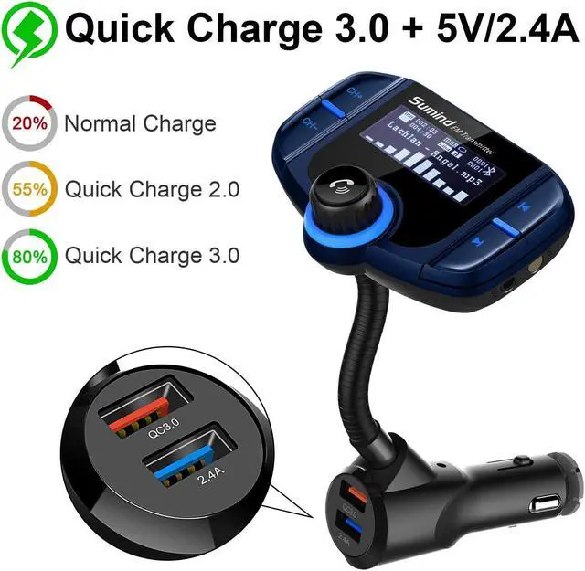 Alt view image 4 of 7 - Upgraded Bluetooth FM Transmitter, Wireless Radio Adapter Hands Free Car Kit with 1.7'' Display, QC3.0 and Smart 2.4Amp Dual USB Ports, AUX Input/Output, TF Card Mp3 Player (Normal, Blue)