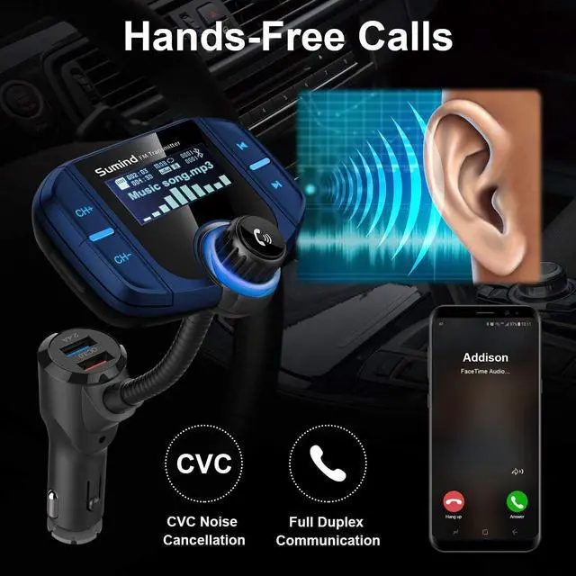 Alt view image 5 of 7 - Upgraded Bluetooth FM Transmitter, Wireless Radio Adapter Hands Free Car Kit with 1.7'' Display, QC3.0 and Smart 2.4Amp Dual USB Ports, AUX Input/Output, TF Card Mp3 Player (Normal, Blue)