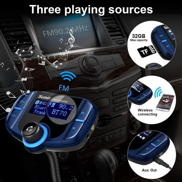 Alt view image 6 of 7 - Upgraded Bluetooth FM Transmitter, Wireless Radio Adapter Hands Free Car Kit with 1.7'' Display, QC3.0 and Smart 2.4Amp Dual USB Ports, AUX Input/Output, TF Card Mp3 Player (Normal, Blue)