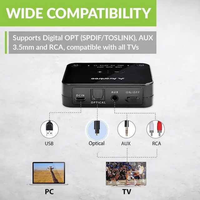Alt view image 6 of 7 - Avantree Audikast Plus Bluetooth 5.0 Transmitter for TV with Volume Control, aptX Low Latency Audio Adapter for 2 Headphones (Optical, AUX, RCA, USB), Class 1 Long Range 100ft - No Receiver Mode