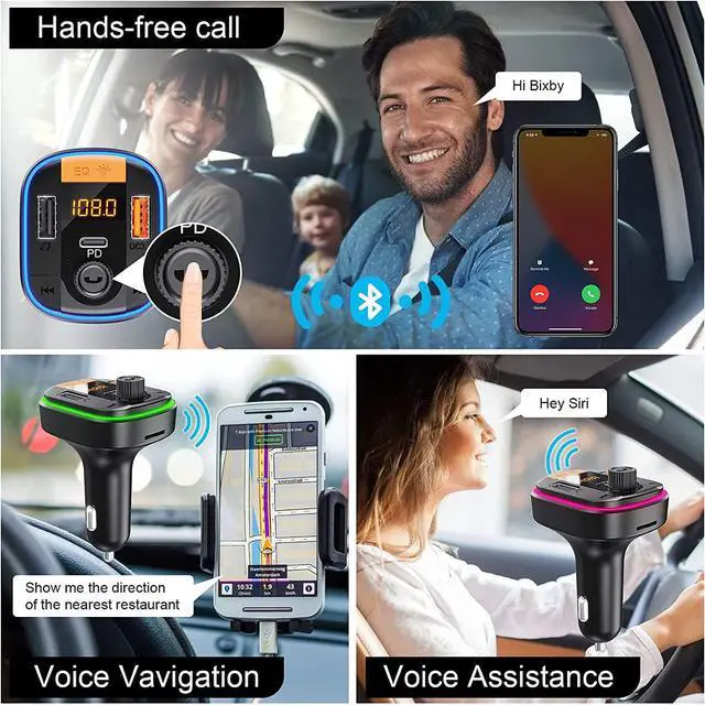 Alt view image 4 of 7 - Bluetooth FM Transmitter for Car - BAISHUN Bluetooth 5.0 Adapter PD20W+QC3.0 Cigarette Lighter Radio Receiver Music Player Car Charger Supports Hands-Free Call Siri Google Assistant