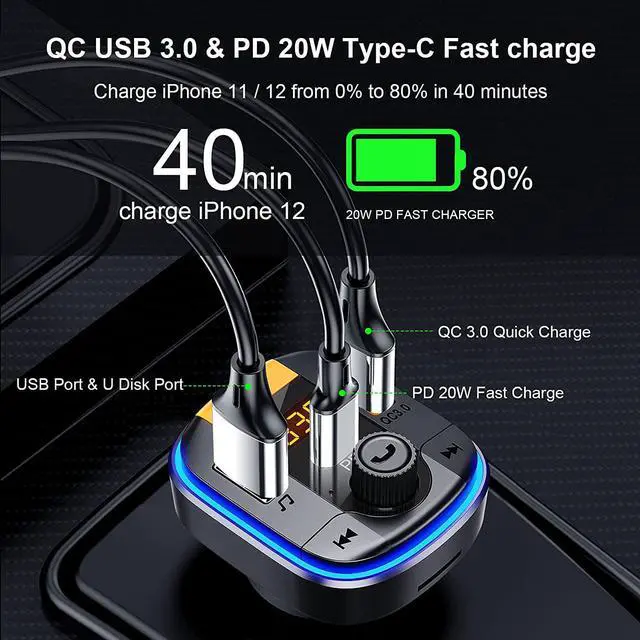 Alt view image 5 of 7 - Bluetooth FM Transmitter for Car - BAISHUN Bluetooth 5.0 Adapter PD20W+QC3.0 Cigarette Lighter Radio Receiver Music Player Car Charger Supports Hands-Free Call Siri Google Assistant