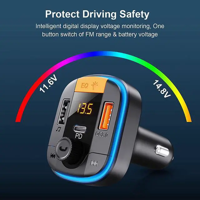Alt view image 7 of 7 - Bluetooth FM Transmitter for Car - BAISHUN Bluetooth 5.0 Adapter PD20W+QC3.0 Cigarette Lighter Radio Receiver Music Player Car Charger Supports Hands-Free Call Siri Google Assistant