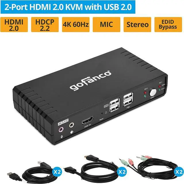Alt view image 2 of 7 - gofanco Single Monitor HDMI 2.0 KVM Switch (2 Port) 4K 60Hz 4:4:4, 18Gbps, HDCP 2.2, Keyboard & Mouse Switcher with USB 2.0 Hub and Audio, Mic in/Stereo Out, Hotkey Switching, Cables Included