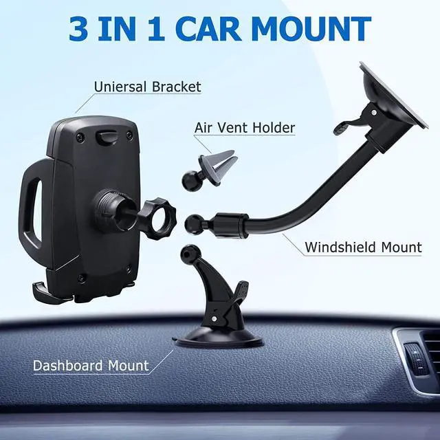 Alt view image 5 of 7 - Car Phone Holder Mount 3-in-1 Universal Cell Phone Holder Car Air Vent Holder Dashboard Mount Windshield Mount Fit for iPhone 16 15 14 13 Pro Max  S24 S23 LG  and More