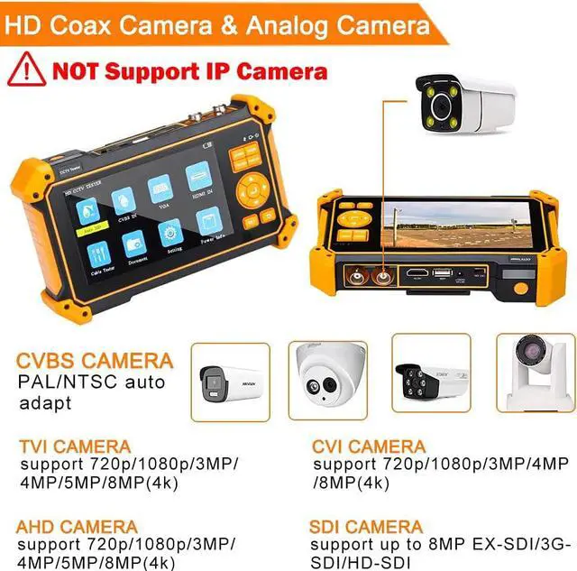 Alt view image 2 of 6 - WSDCAM 5 inch TFT-LCD Screen CCTV Camera Tester Monitor Support 4K 8MP CVI TVI AHD SDI CVBS Analog Camera, Support HDMI in VGA in PTZ Control/DC12V Power Output/UTP Cable Tester, 3200-Plus