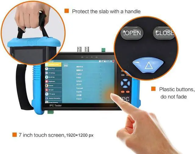 Alt view image 2 of 7 - Koolertron 7" IPS Touch Screen 4K H.265 IP Camera Tester - IPC-9800 Plus,CCTV, CVBS, Analog Tester, Built-in WiFi, POE, HDMI, RJ45 TDR, Dual Window, 8GB TF Card, Firmware