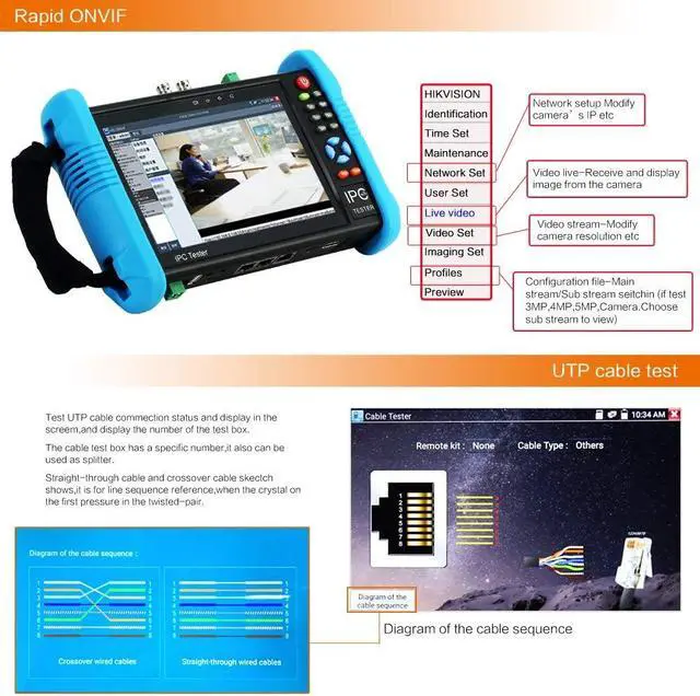 Alt view image 5 of 7 - Koolertron 7" IPS Touch Screen 4K H.265 IP Camera Tester - IPC-9800 Plus,CCTV, CVBS, Analog Tester, Built-in WiFi, POE, HDMI, RJ45 TDR, Dual Window, 8GB TF Card, Firmware
