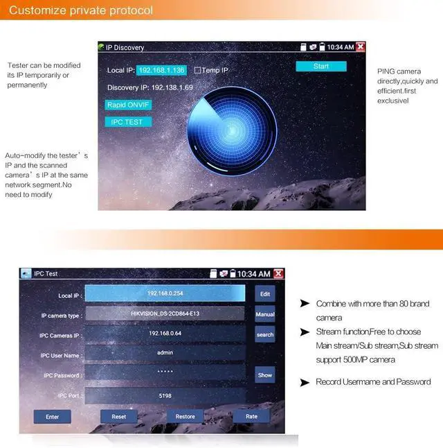 Alt view image 6 of 7 - Koolertron 7" IPS Touch Screen 4K H.265 IP Camera Tester - IPC-9800 Plus,CCTV, CVBS, Analog Tester, Built-in WiFi, POE, HDMI, RJ45 TDR, Dual Window, 8GB TF Card, Firmware