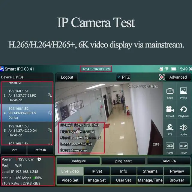 Alt view image 3 of 7 - Portable 7 Inch CCTV Tester-Support up to 6K IP Camera Test- AHD, TVI, CVI & CVBS Analog Camera Test-RJ45 Cable TDR Tester with PoE/IP Discovery/HDMI in & Out/Built in WiFi/PTZ