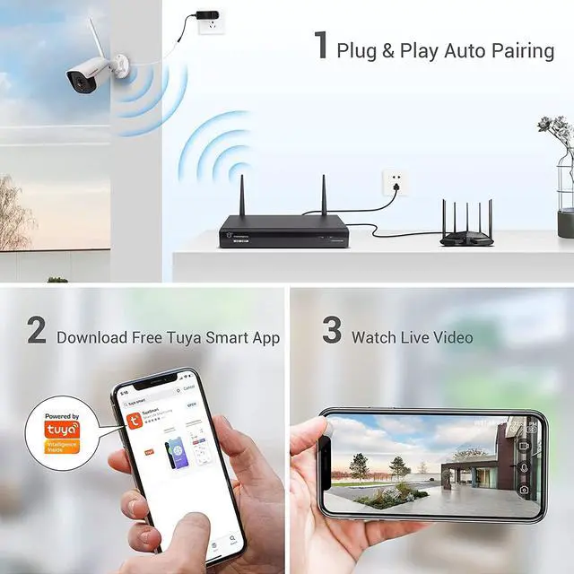 Alt view image 3 of 7 - 1080P WiFi NVR Security Camera System with 1TB Hard Drive, 4 Channel NVR, Weatherproof Cameras, Two Way Audio, Siren, AI Human Detection