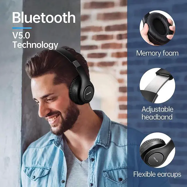 Alt view image 4 of 7 - pollini Bluetooth Headphones Wireless, 40H Playtime Foldable Over Ear Headphones with Microphone, Deep Bass Stereo Headset with Soft Memory-Protein Earmuffs for Phone/PC (Black)