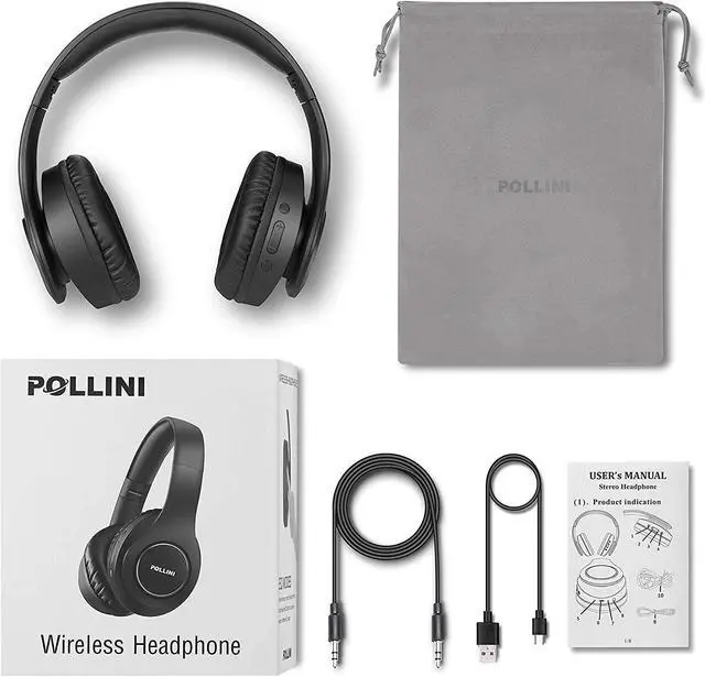 Alt view image 6 of 7 - pollini Bluetooth Headphones Wireless, 40H Playtime Foldable Over Ear Headphones with Microphone, Deep Bass Stereo Headset with Soft Memory-Protein Earmuffs for Phone/PC (Black)