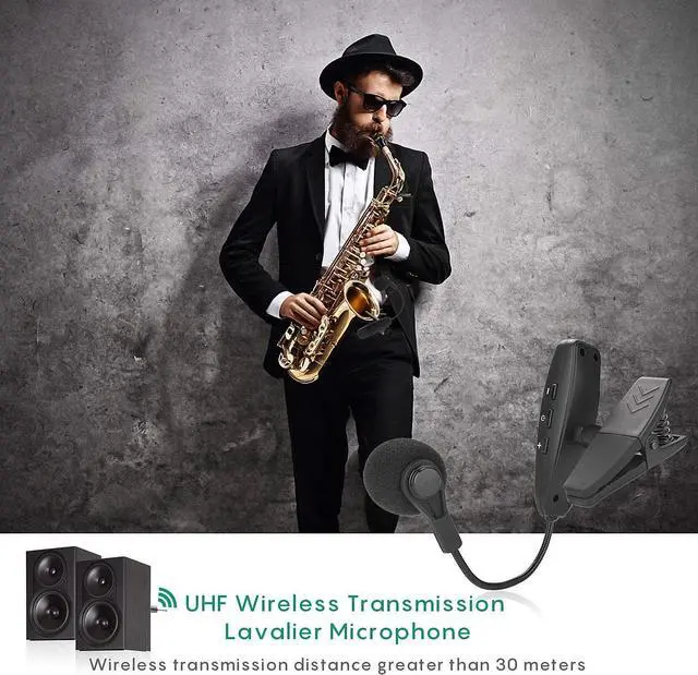 Alt view image 5 of 7 - Wireless Instrument Microphone,UHF Clip Condenser Mic,for Horns,Trumpets,Clarinets, Saxophones, Cello, Computer, Phone, Speakers, Voice Amplifier 131ft Range, 1/8 and 1/4'' Port