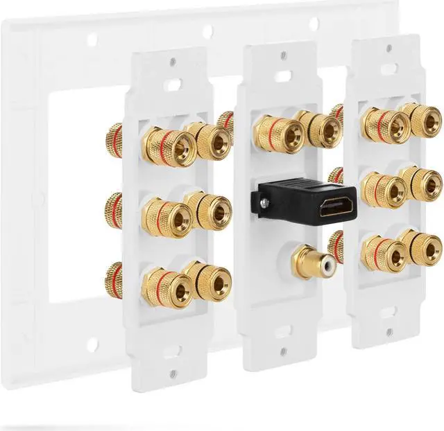 Alt view image 5 of 7 - Good Product Outlet HD8006 3-Gang 7.1 Surround Distribution Home Theater Gold Plated Copper Banana Binding Post Coupler Type Wall Plate for 7 Speakers, 1 RCA Jack for Subwoofer & 1 HDMI Port